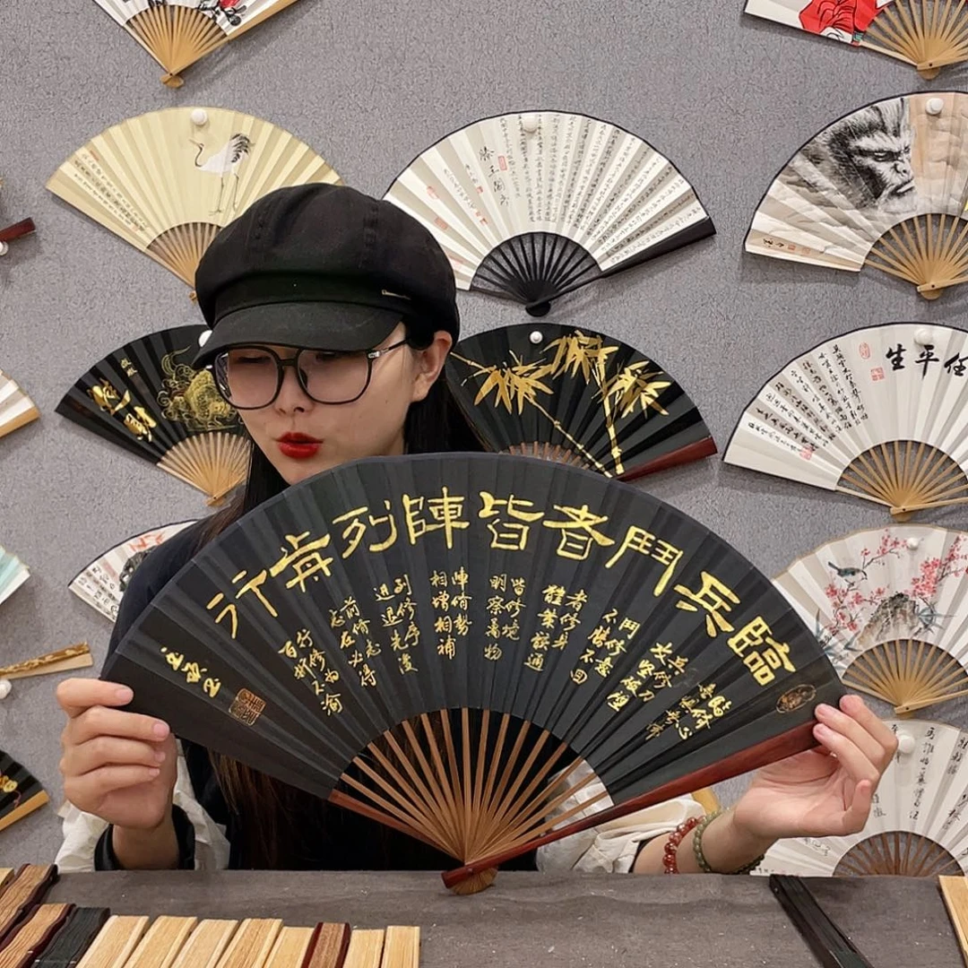 国画95寸红木-纯手绘-文玩扇骨（默认粘好）