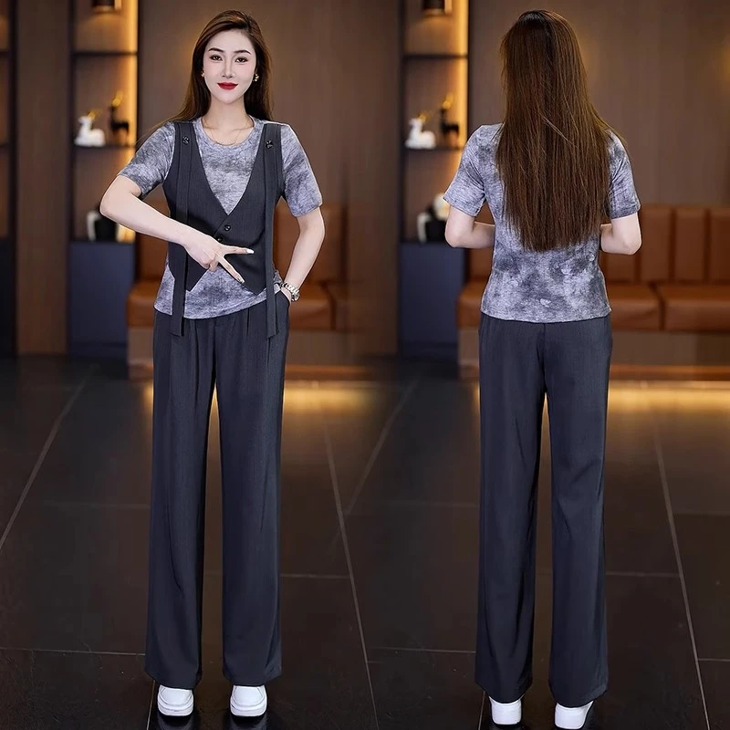 时尚套装女2025夏季新款洋气假两件马甲上衣高腰显瘦阔腿裤两件套