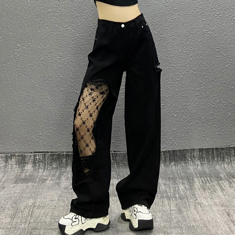 黑色破洞休闲牛仔裤女夏新款蕾丝拼接高腰宽松显瘦百搭直筒阔腿裤
