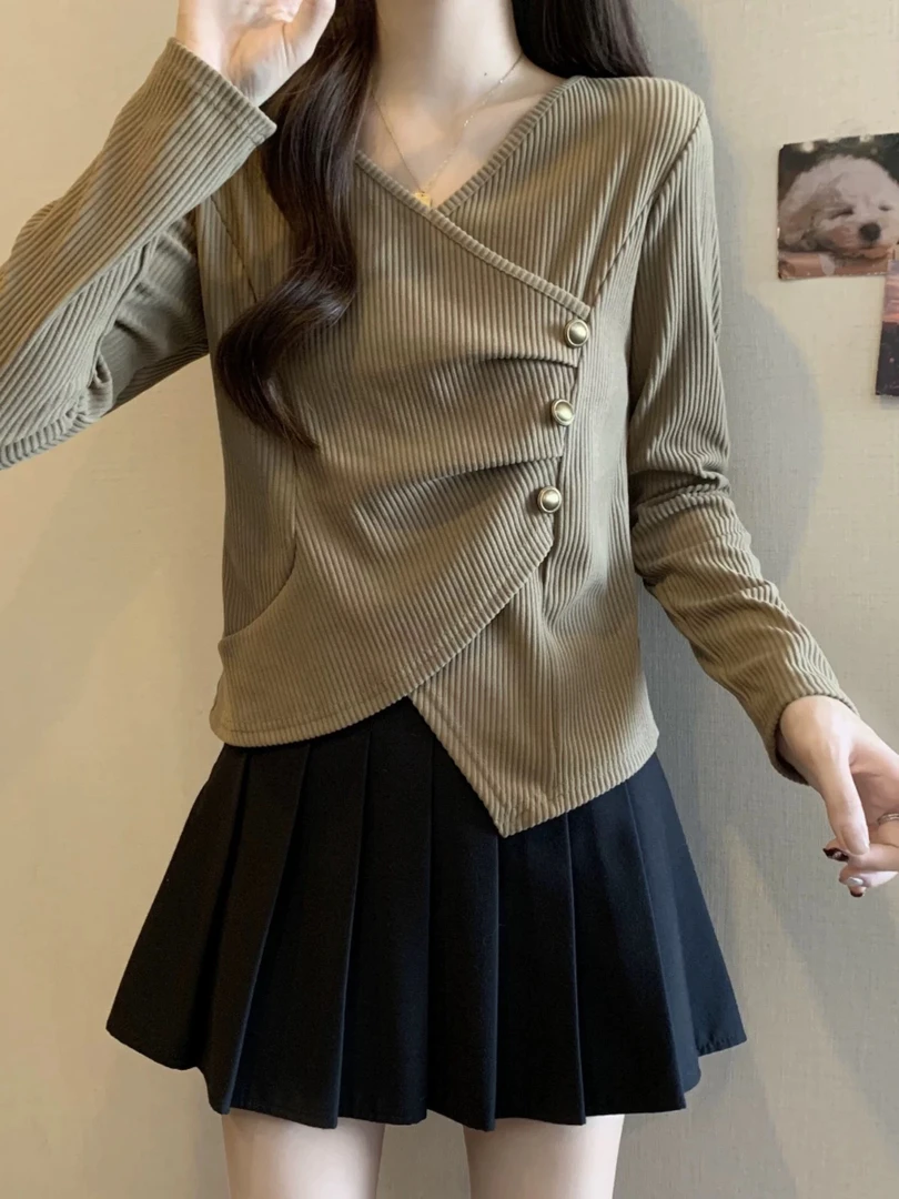 不规则网纱拼接长袖针织衫女2024新款秋季收腰褶皱显瘦内搭打底衫