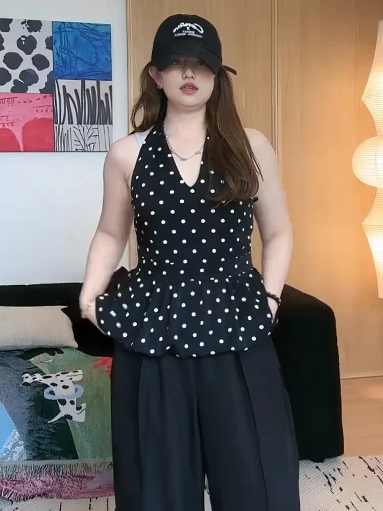 大码女装法式波点花苞挂脖背心夏季胖mm巨显瘦叠穿辣妹无袖小上衣