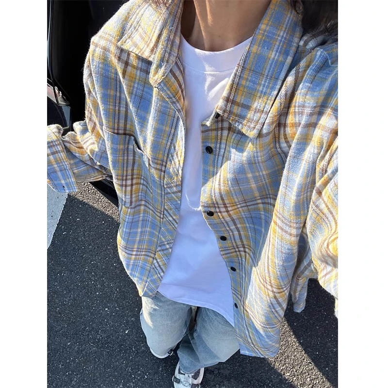cleanfit黄蓝格子衬衫男女同款夏季潮牌长袖衬衣美式复古薄款外套