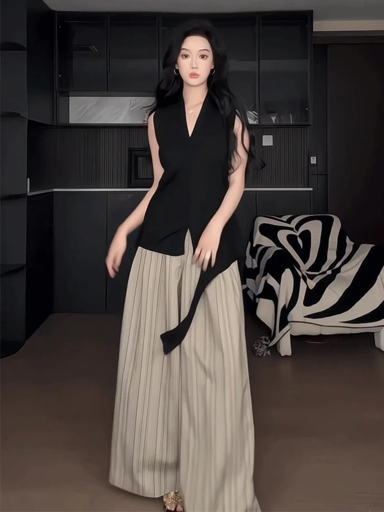 夏季大方得体穿搭条纹阔腿裤套装两件套气质韩版高级感女2025新款