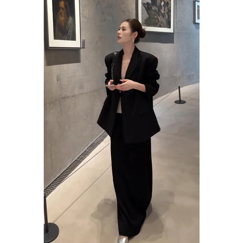 高智感穿搭大方得体小香风休闲黑色西装半身裙职业两件套装女秋季