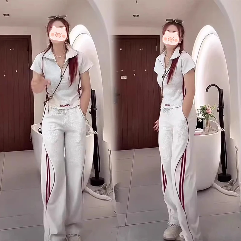 2025年春季减龄显瘦休闲运动套装女短袖上衣阔腿裤夏装搭配一整套