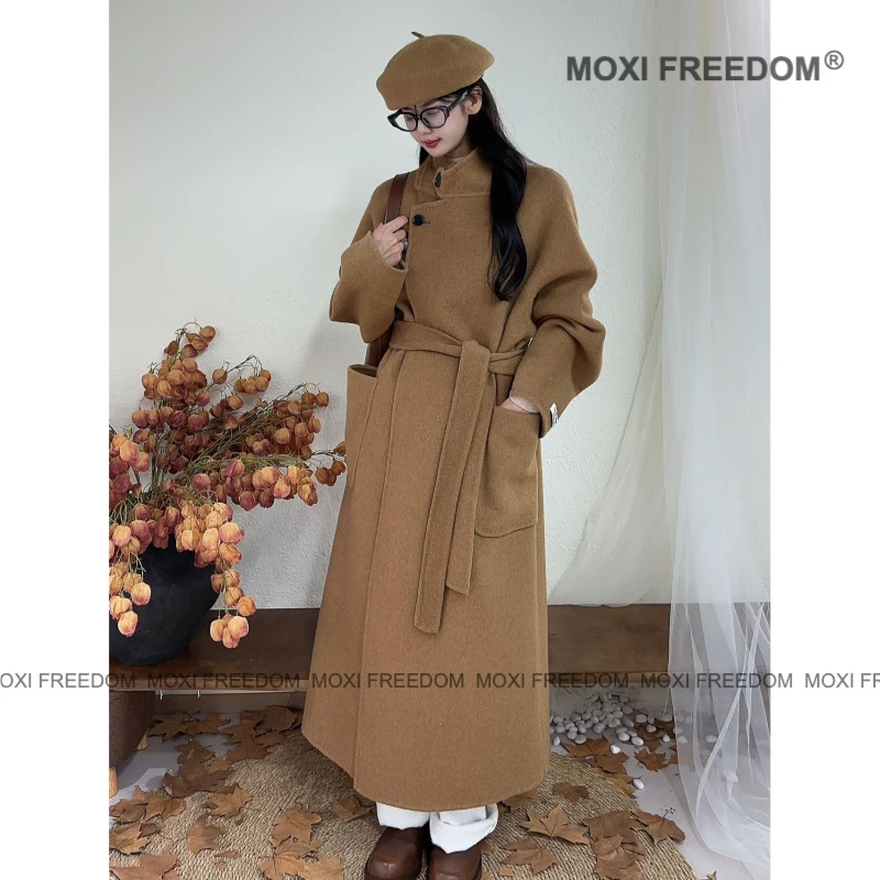 【枫糖黑巧】秋冬款宽松立领大板中长款双面羊毛呢外套大衣女款大衣
