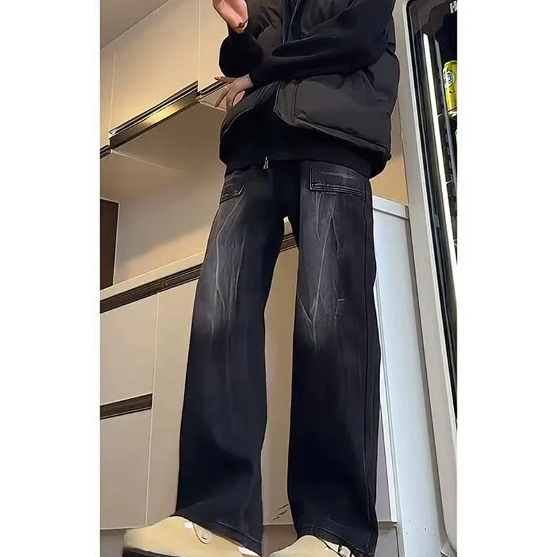 四季街头感百搭水洗复古阔腿休闲直筒渐变牛仔裤春季高街