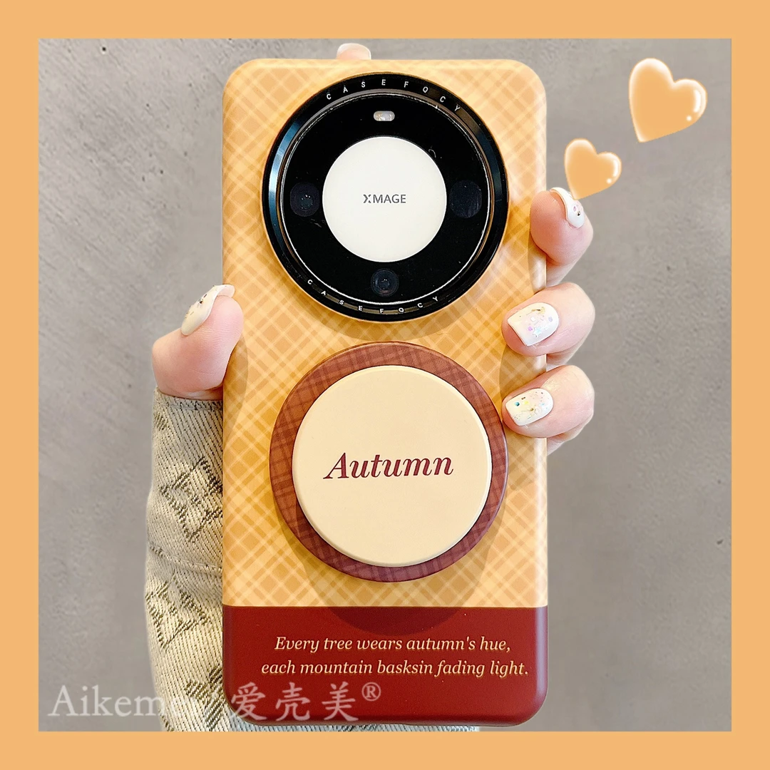 适用华为mate70pro+手机壳菲林菱格纹mate60pro+拼色圆形磁吸支架