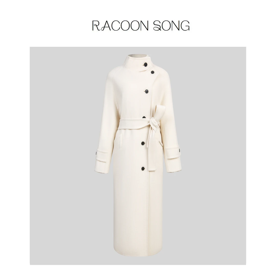 RACOON SONG【安道尔】100%绵羊毛秋冬新款长款立领宽松羊毛大衣女