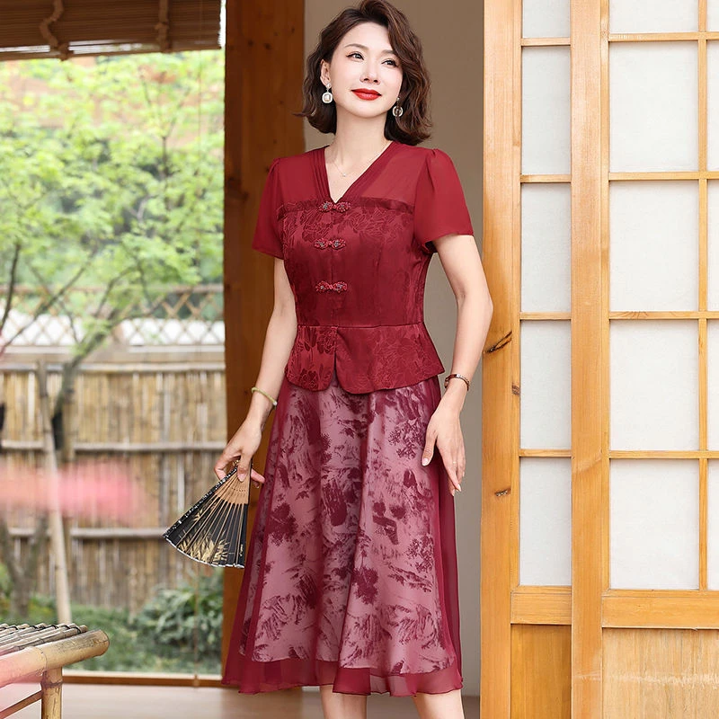 妈妈洋气短袖夏装民族风连衣裙中年女装中老年夏季气质假两件裙子