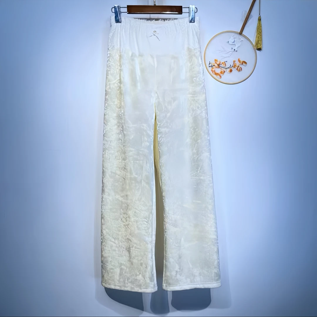 【幽云】新中式黑色丝绒垂感阔腿裤女新款蕾丝拼接高腰直筒休闲裤子