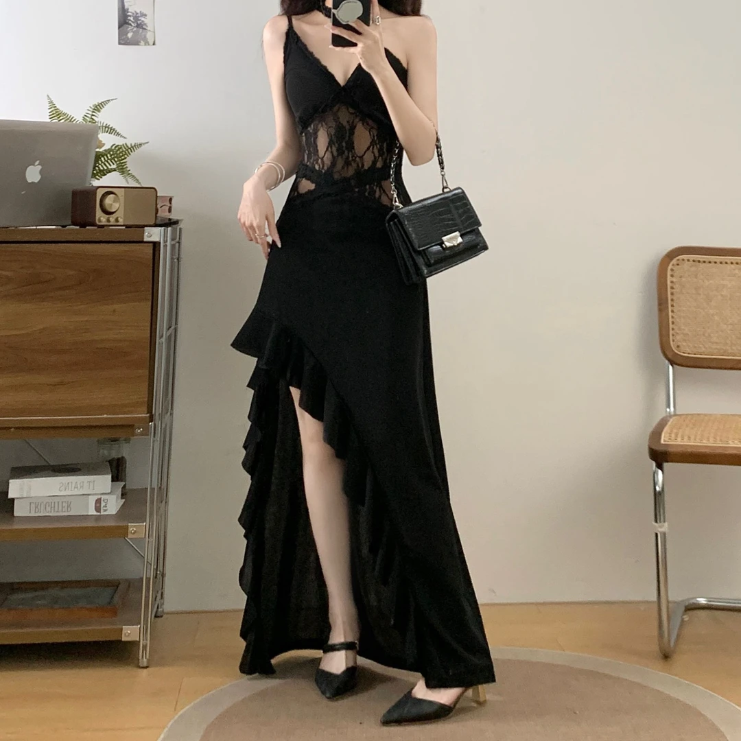 性感蕾丝镂空开叉不规则连衣裙夏季修身收腰显瘦斜肩吊带辣妹包臀