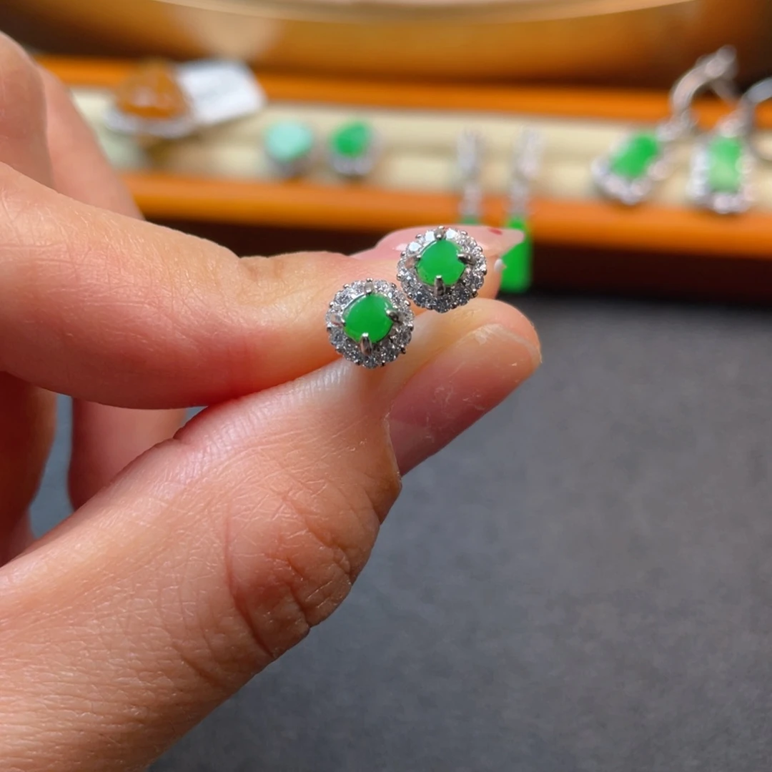 翡翠吊坠(不含链)银S925镶嵌耳钉