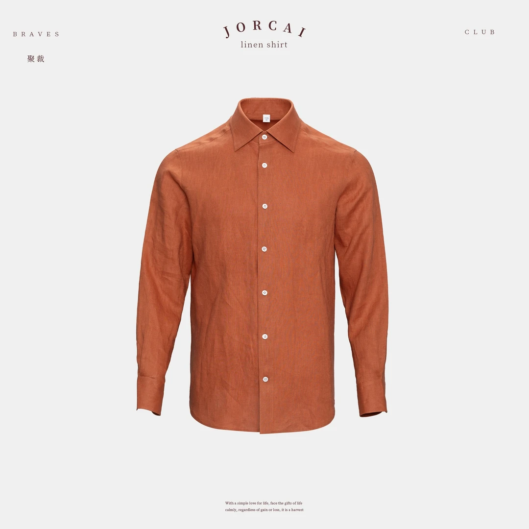 聚裁男士高端夏季法国进口亚麻衬衫裸穿不扎透气纯色翻领长袖衬衫