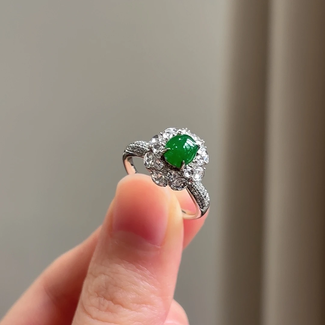 翡翠18K金镶嵌戒指14圈翡翠戒指多人不退不换