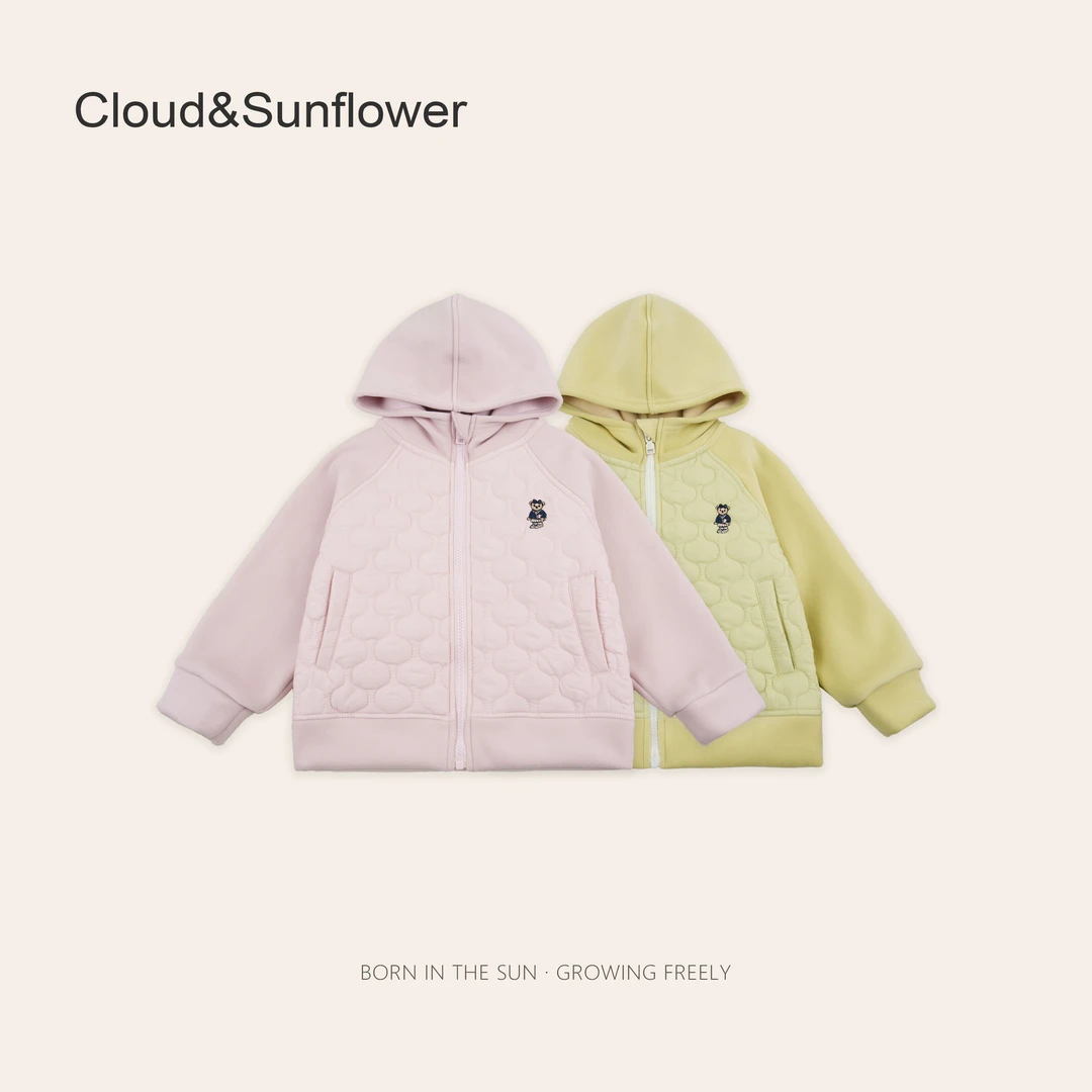 女童冬季小熊刺绣拉链款绗棉连帽休闲卫衣246615