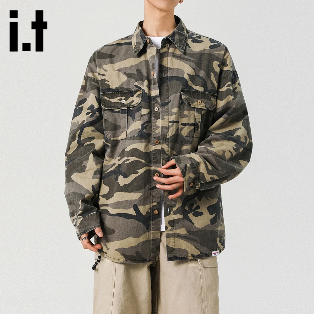 it:CHOCOOLATE美式长袖衬衫男士秋季潮牌宽松复古迷彩休闲外套