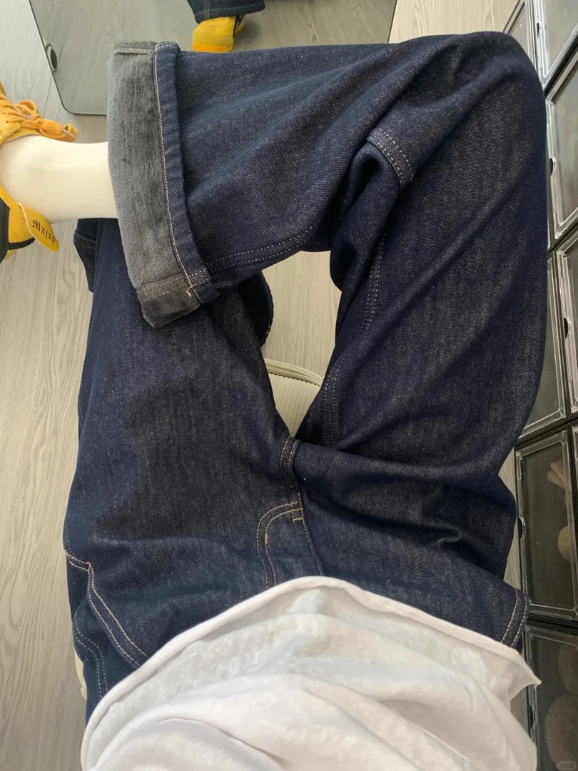 深蓝色加绒加厚牛仔裤冬直筒窄版阔腿裤女大码胖mm显瘦梨形报恩裤