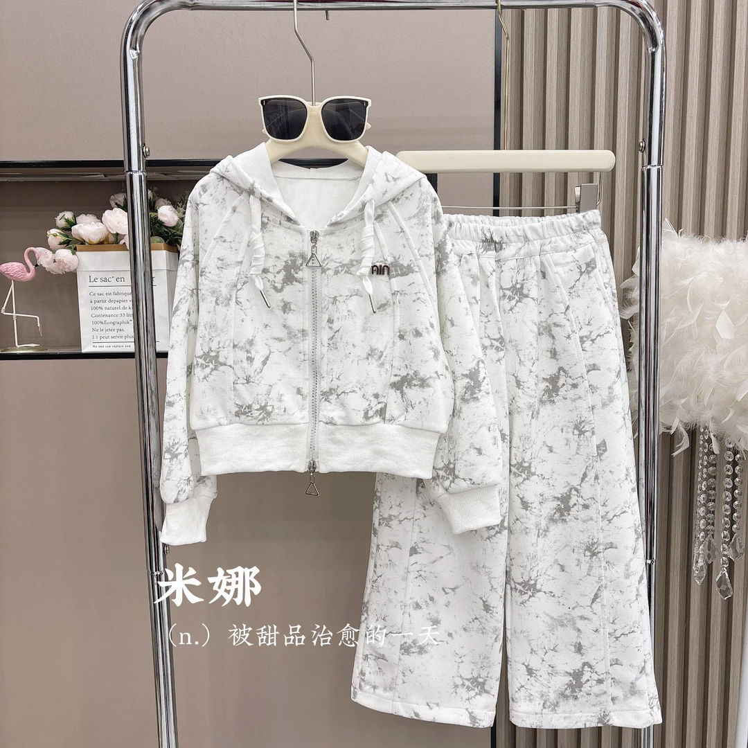 女童套装2025秋季中大童扎染连帽洋气小女孩休闲两件套潮68005