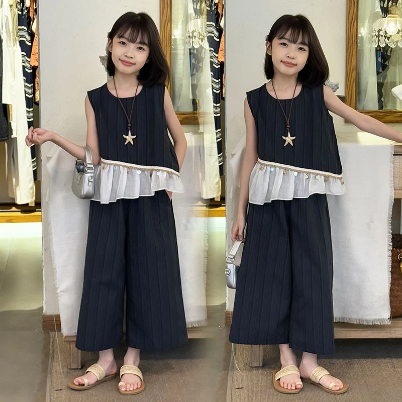 女童夏季九分裤套装2025新款儿童洋气时髦薄款无袖上衣夏装两件套