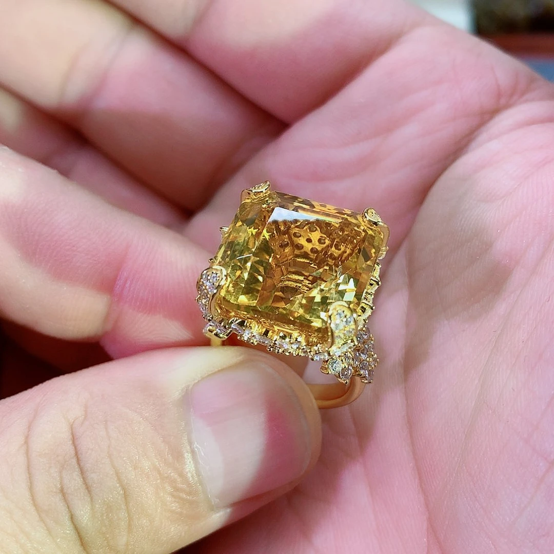 水晶戒指银S925镀金镶嵌