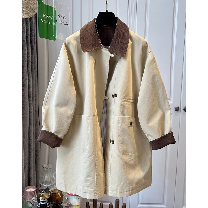 英伦风撞色翻领中长款风衣女外套宽松休闲气质超好看2025春秋新款