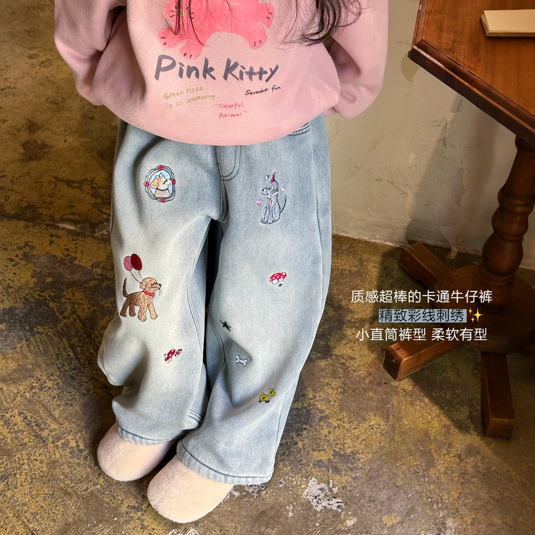 SKI2538女大童韩版刺绣牛仔长裤冬装新款儿童加绒保暖直筒裤