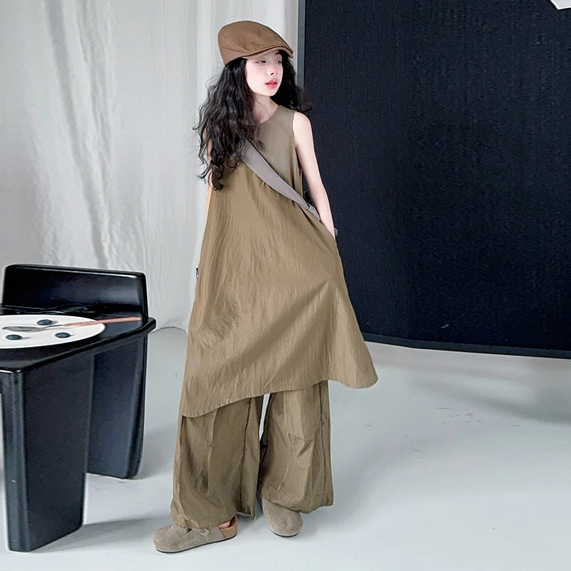 女童马尾松套装夏季2025新款儿童洋气中大童韩版宽松背心裙阔腿裤