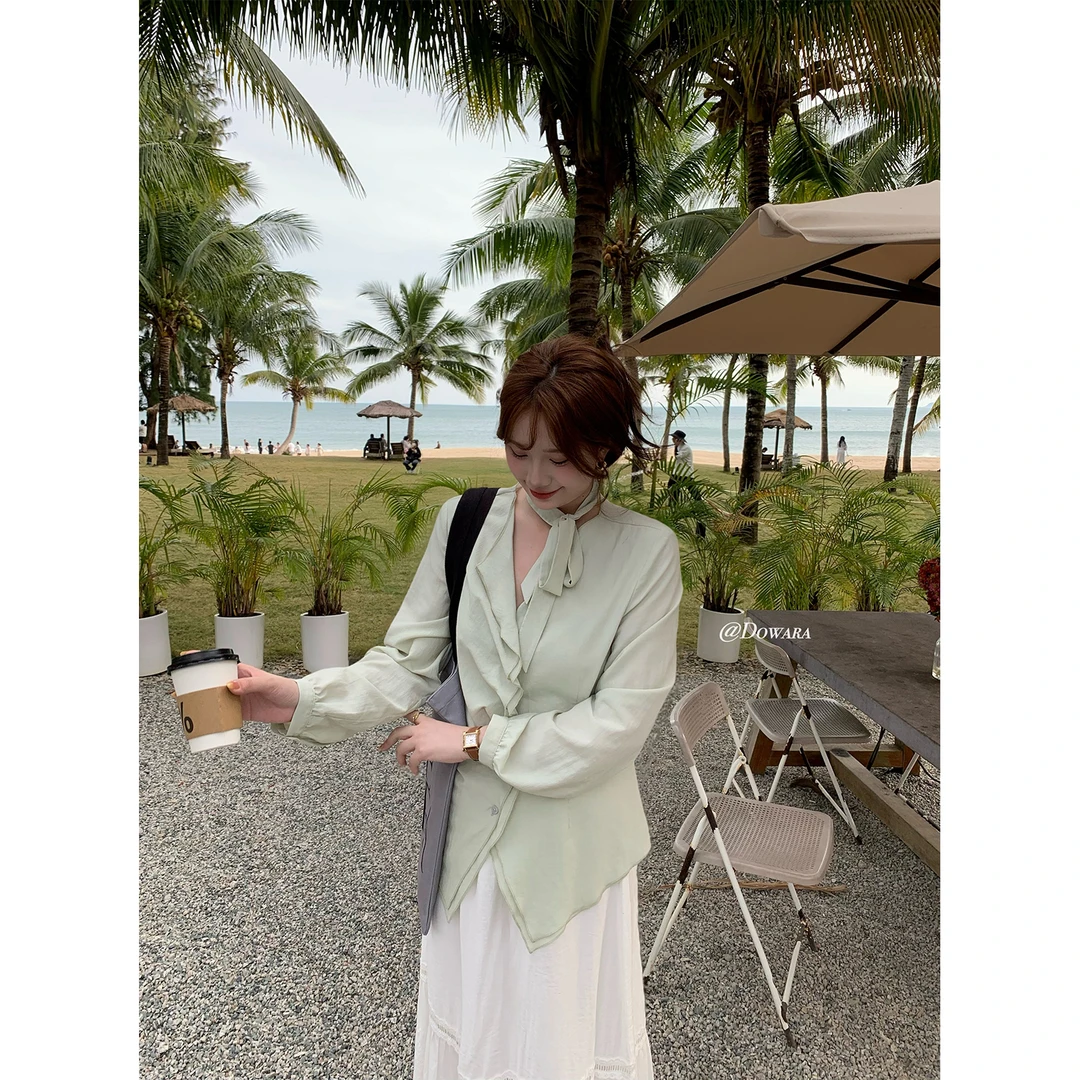 现货大婉酱微胖定制法式设计感飘带长袖衬衫高级感优雅上衣 6485D