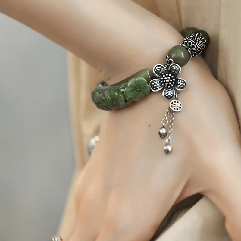 <一禅兄>S925银和田玉青黄口四朵花弧形手牌手链DIY项链深浅不一