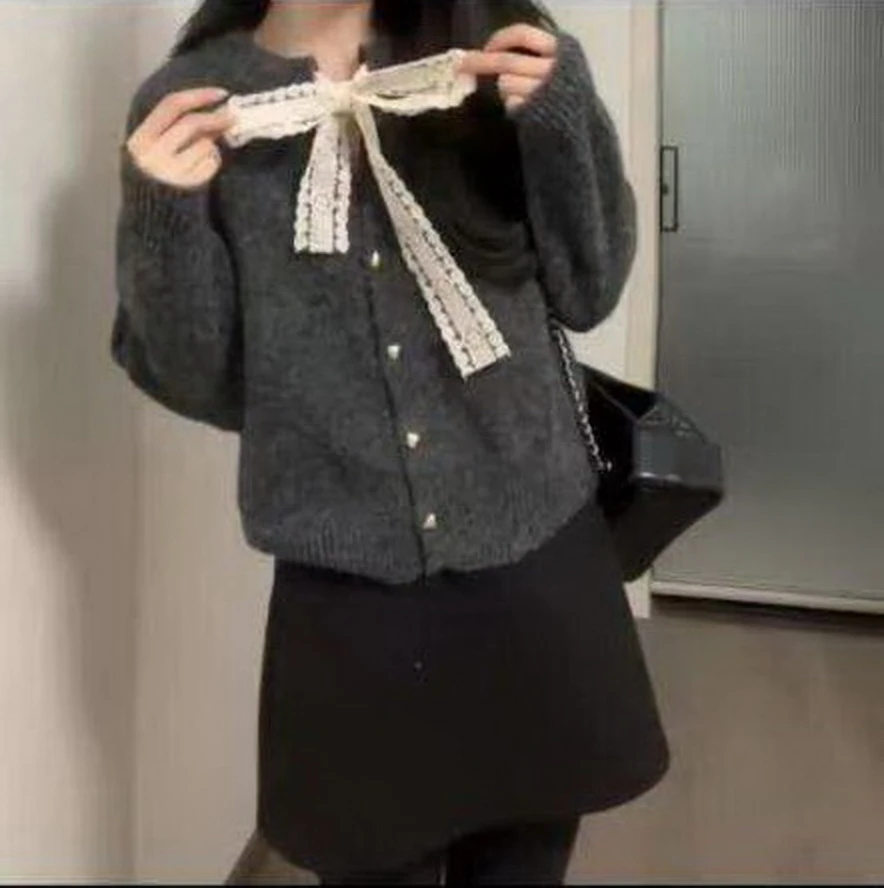 新款圆领毛衣常规袖冬季厚款女蝴蝶结毛针织衫百搭开衫网红可爱风