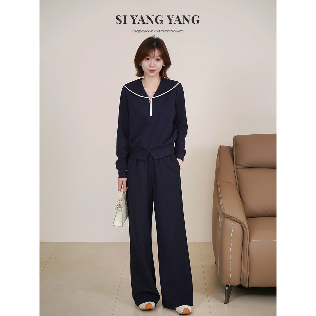斯洋洋SIYANG针织海军领气质通勤减龄松紧长裤套装TZ509A084SYY