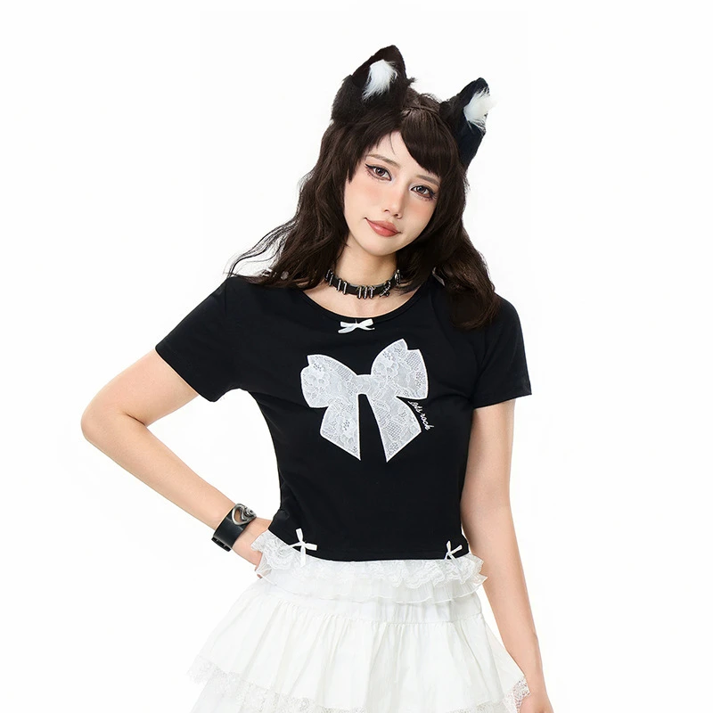 辣妹正肩蕾丝拼接黑色短款上衣女美式街头甜美拼接ins短袖T恤夏季