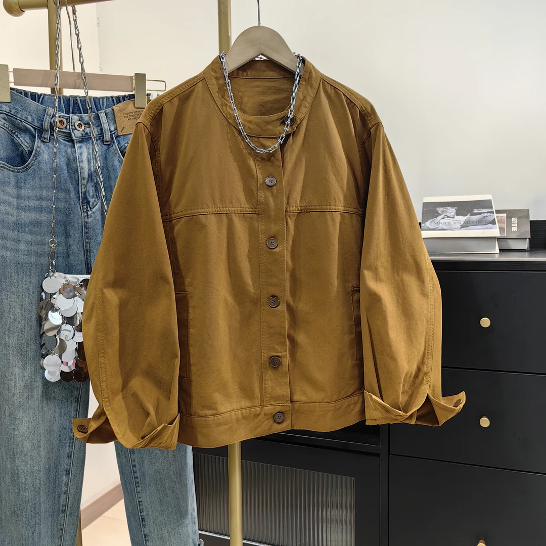 高质量纯棉外套女秋季新款韩系休闲宽松高级感立领工装上衣夹克