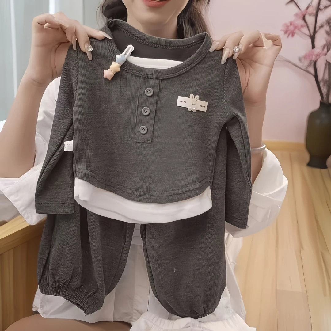 女童套装秋2025新款秋季时髦小女孩童装假两件儿童糯米绒上衣裤子