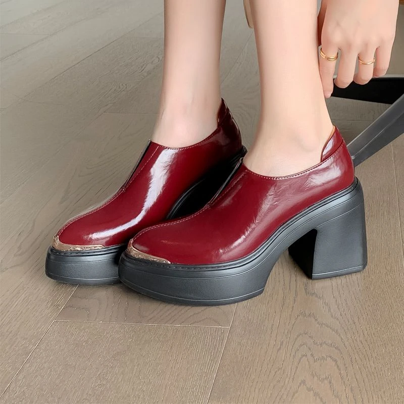 春秋套筒10cm厚底粗跟真皮尖头单鞋女英伦风深口防水复古高跟皮鞋