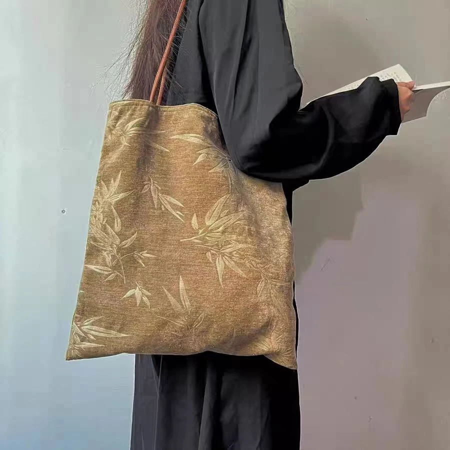 秋冬新中式国风旗袍包竹叶压花灯芯绒大容量托特单肩手提包布袋
