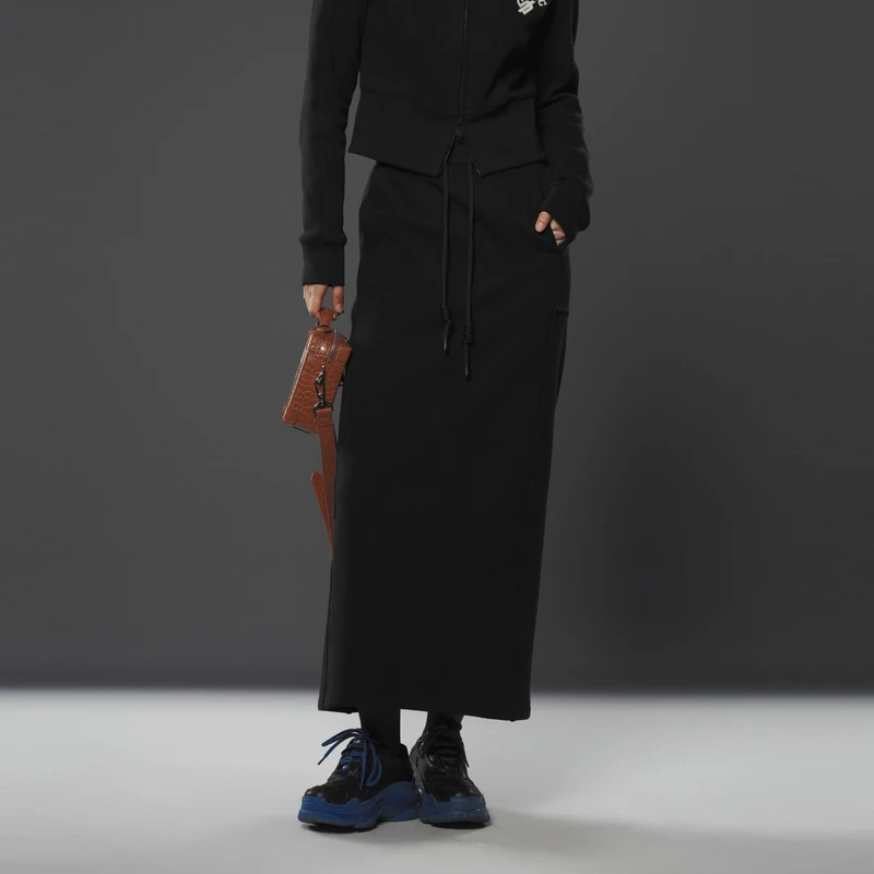 U/TI【专柜 爆品】弹力松紧腰拼接质感黑色秋冬款加绒中长款半身裙