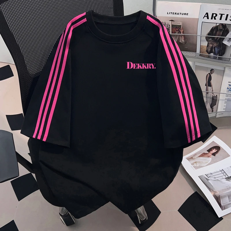 jtrt纯棉夏季美式复古潮流三条杠短袖t恤男女学院风Vibe情侣上衣