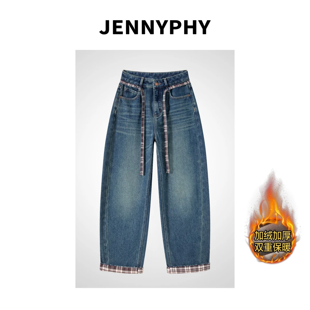 【JENNYPHY】翻边撞色设计简单大牌无弹植绒直筒弯刀裤#8011加绒