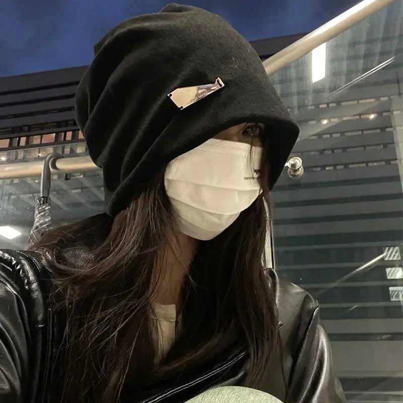 大头围黑色堆堆帽女韩版百搭ins网红金属标冷帽显脸小包头帽防风