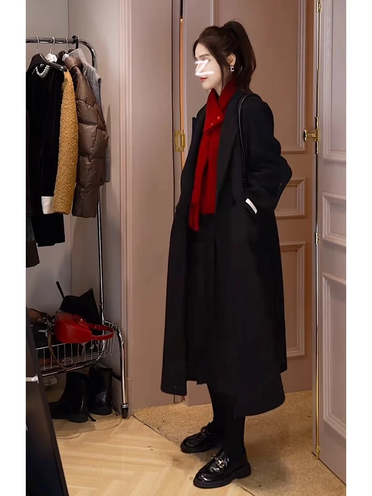 张元一女装同款黑色大衣外套女秋冬复古外套上衣