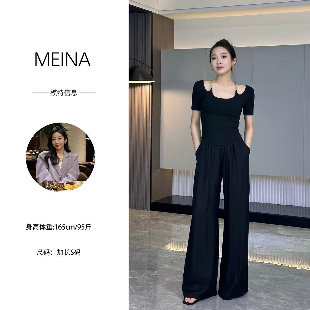 MEINA【北欧港湾】2024新款夏季阔腿裤慵懒褶皱气质百搭透气休闲裤