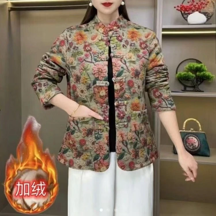 冬款休闲新中式盘扣碎花百搭中老年妈妈装外套