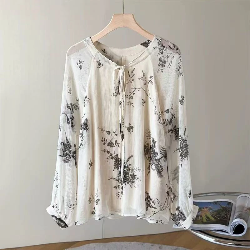 宽松女装衬衣春夏印花时尚优雅桑蚕丝气质大摆上衣767