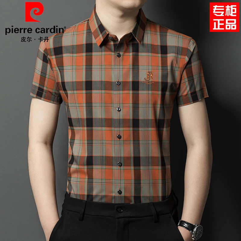 皮尔卡丹夏季男装新款薄款短袖格纹衬衣免烫抗皱休闲半袖无痕衬衫