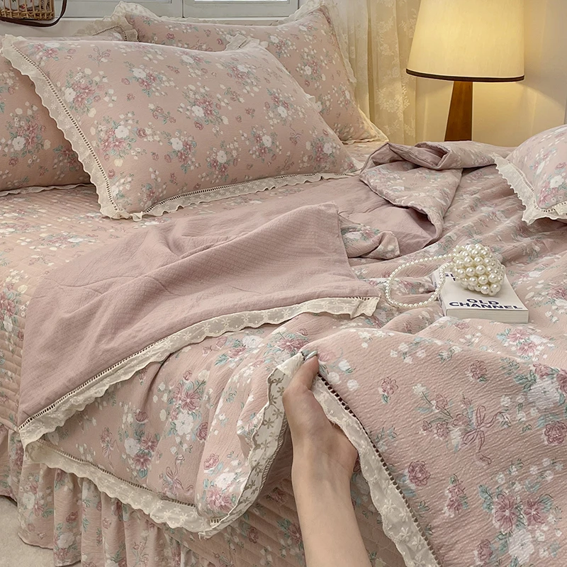 小清新花边双层纱夏凉被皱皱纱夹棉床盖款超柔软薄款空调被四件套