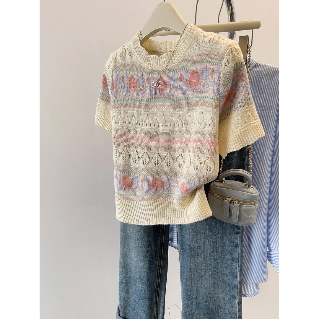 薄款毛线针织短袖t恤女夏季新款设计感小众镂空百搭正肩打底上衣