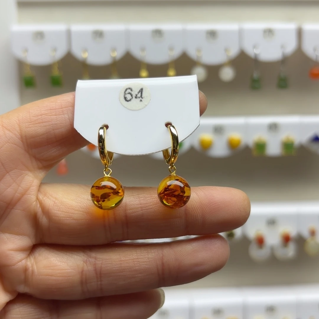 琥珀（花珀）银S925镶嵌耳饰