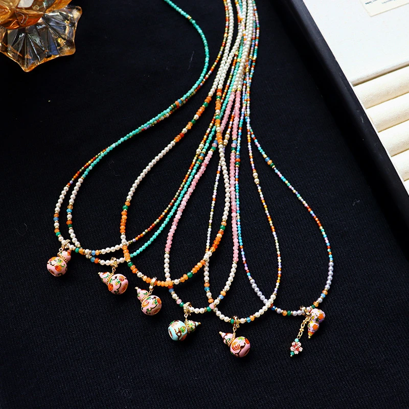 非金属仿珍珠项链 新中式彩色滴油葫芦毛衣链锆石仿珍珠长款项链